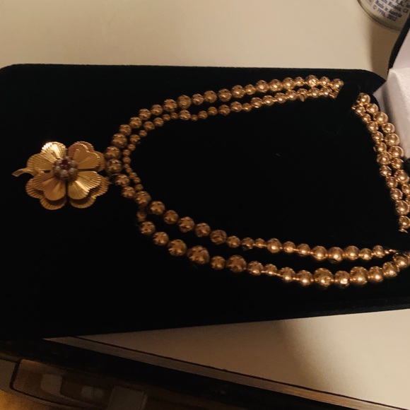 24k solid gold bead necklace with a clover pendant - Picture 2 of 5